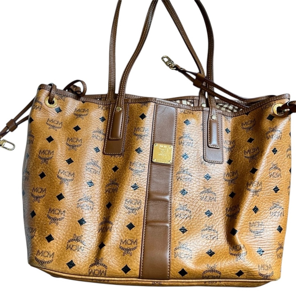 MCM Cognac Visetos Logo Tote with Brown Trim